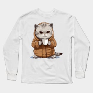 Scottish Fold Cat Drinking Coffee Long Sleeve T-Shirt